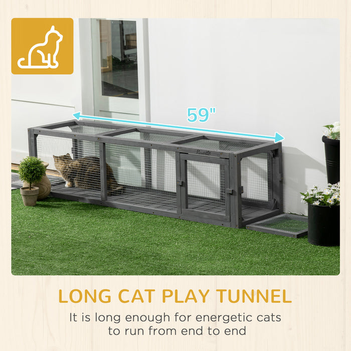 Pawhut Tunnel Pour Chat De 59\" Avec Design Extensible, Tunnel En Bois Pour Chat Avec Protection Contre Les Intemperies, Connexion A L'interieur Et A L'exterieur Pour Patios, Balcons