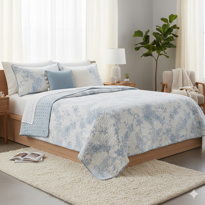 Ensemble de Courtepointe Reversible 3 Pieces pour Tres Grand Lit, Literie Florale Bleue et Blanche en Microfibre