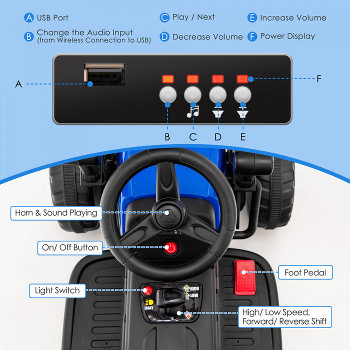 Vehicule De Construction Voiture Electrique Enfants, 2 Modes De Conduite, Avec Telecommande Effets Sonores Lumineux, Rouleau-compresseur Bulldozer, Jouet Enfant 3+ Ans, 113x51x52 Cm, Charge 30 Kg, Bleu/rouge/jaune