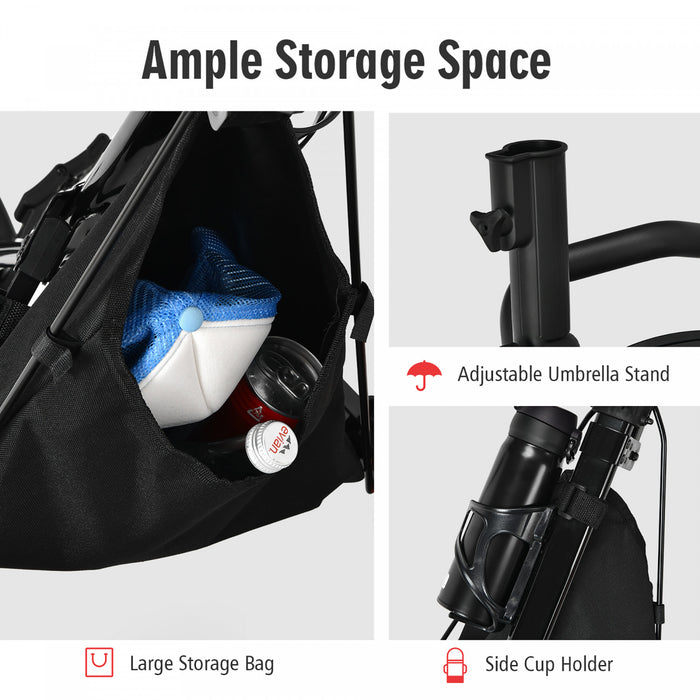 Chariot De Golf A 3 Roues, Chariot Leger Avec 4 Hauteurs Reglables, Chariot De Golf Pliable Avec Porte-parapluie Reglable Et Siege Hydraulique, Sac De Rangement, Porte-boisson, Frein A Pied
