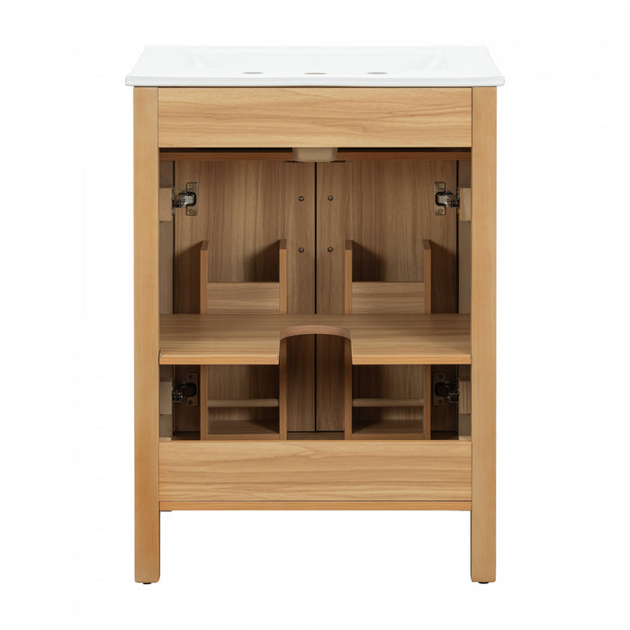 Meuble de salle de bain en bois moderne Nolan 24 pouces avec lavabo ceramique et rangement, brun