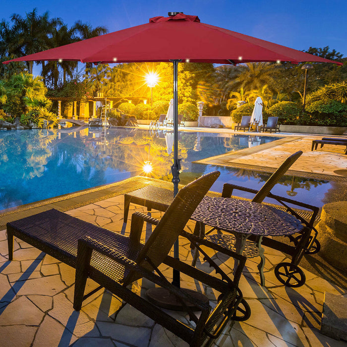 Costway Parasol solaire de patio 9ft avec LED, acier, inclinaison avec manivelle, bordeaux