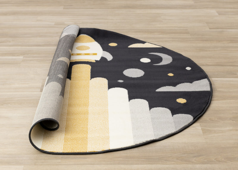 Carpette ronde Forte à motif de vaisseau spatial pour enfants - 5 pi 3 po x 5 pi 3 po