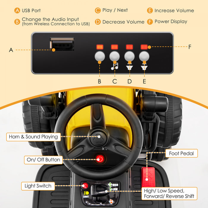 Costway Enfants Roulent Sur La Route Rouleau 12v Tracteur Electrique A Distance W / Musique & Led Jaune Clair