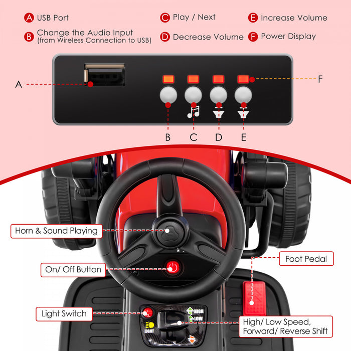 Costway Enfants Rouler Sur La Route Rouleau 12v Tracteur Electrique A Distance W / Musique & Led Lumiere Rouge
