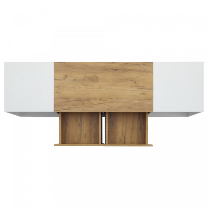 Lucas meuble TV moderne pour televiseurs jusqu’a 70 pouces – meuble avec tiroirs de rangement et eclairage LED, blanc