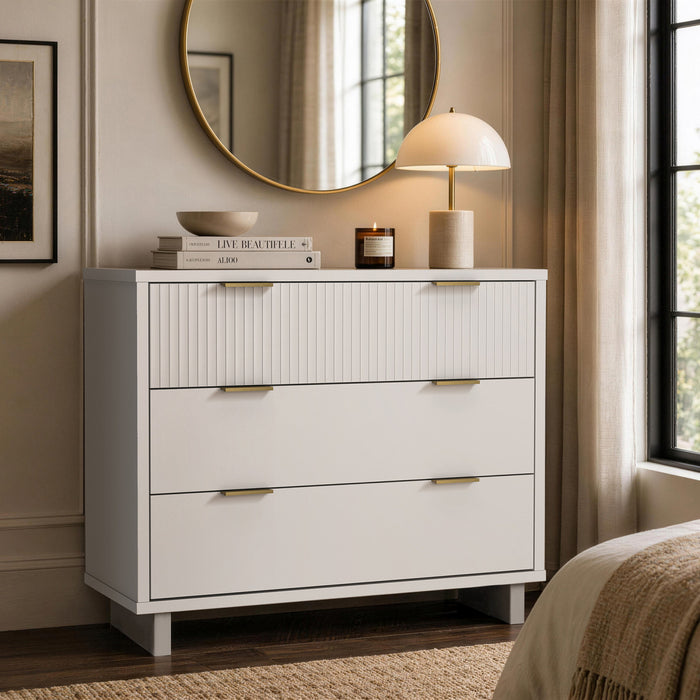 Commode contemporaine Elara 38\" en bois massif blanc (3 tiroirs)