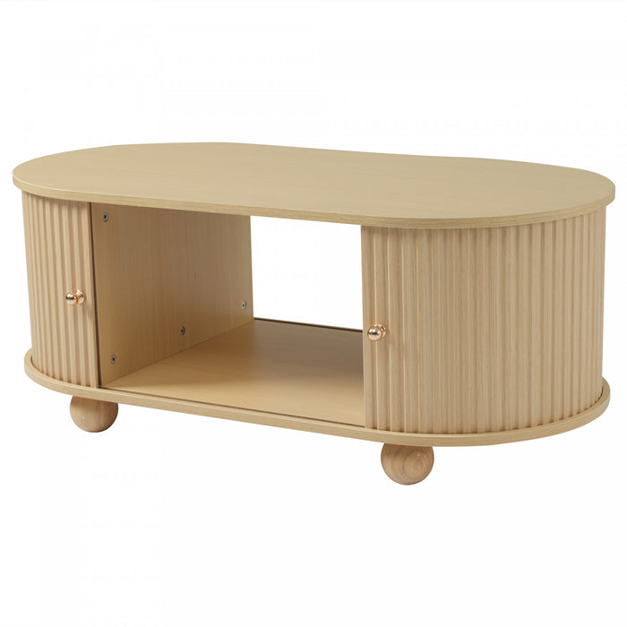 Ethan table basse ovale – table basse avec portes coulissantes et rangement cache, bois naturel