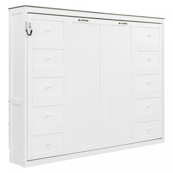 Lit escamotable Olivia en bois massif avec lumiere LED et armoire pliante, taille full, blanc