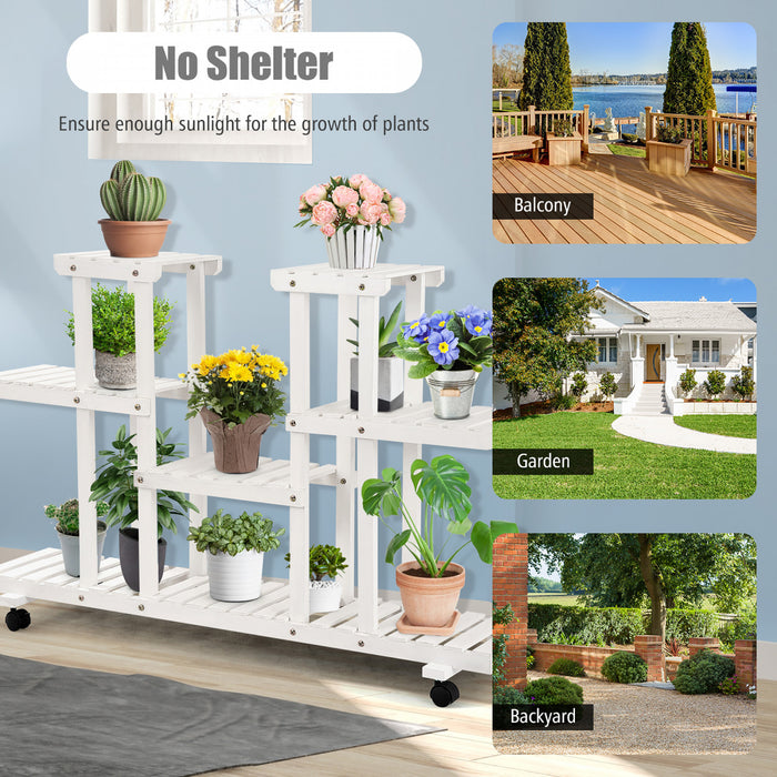 Costway 4 Niveaux Roulant Fleur Rack Bois Plante Stand Roulettes 12 Pots Bonsai Etagere D'affichage