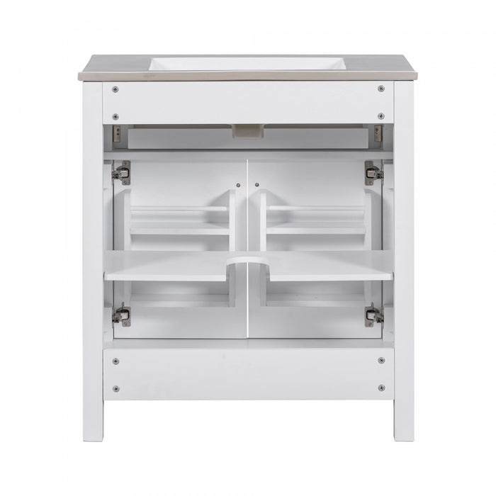 Meuble de salle de bain moderne Baker 30 pouces avec lavabo ceramique et rangement, blanc
