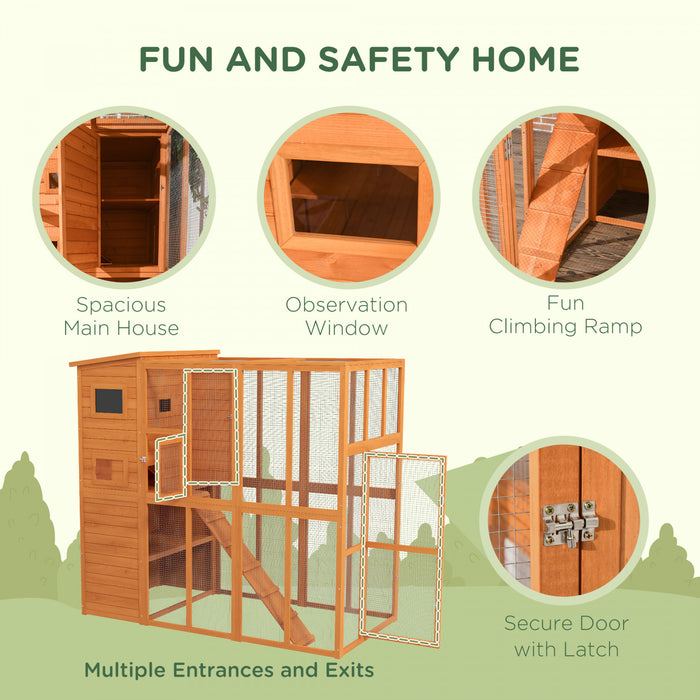Pawhut Grande Maison Pour Chat D'exterieur En Bois Avec Grand Enclos Pour Jouer, Zone De Condo Pour Dormir, Naturel