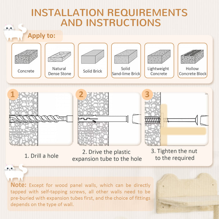 Pawhut Grimpeur Mural Pour Chat Avec Hamac, Griffoir, 3 Marches, Plateformes De Saut, Etagere Murale Pour Chat Pour Se Detendre, Dormir, Grimper, Mobilier Mural Pour Chat D'interieur - Beige