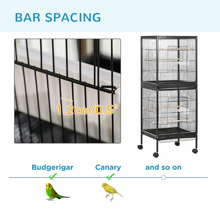 Pawhut 55.1\" 2 En 1 Cage A Oiseaux Voliere Perruche Maison Pour Pinsons, Perruches Avec Roues, Plateaux Coulissants, Perchoir En Bois, Recipients Alimentaires, Noir