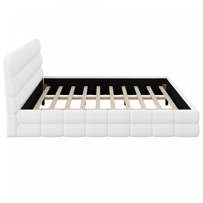 Lit plateforme moderne Emma rembourre avec structure en bois massif confortable, taille king, blanc