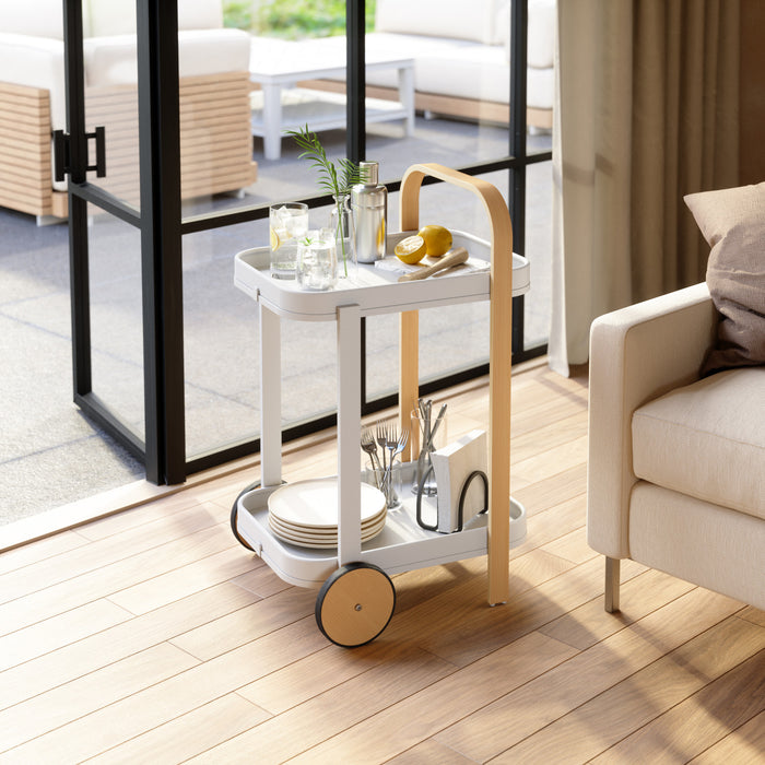 Chariot-bar et de rangement moderne Bellwood de Umbra en acier - blanc et naturel