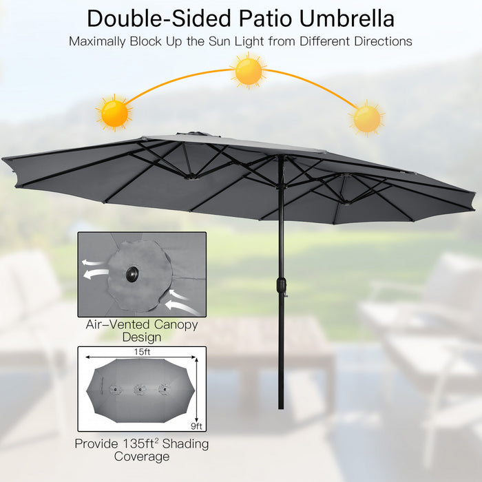 Costway Parasol double face 15FT a manivelle avec base pour marche exterieur Gris