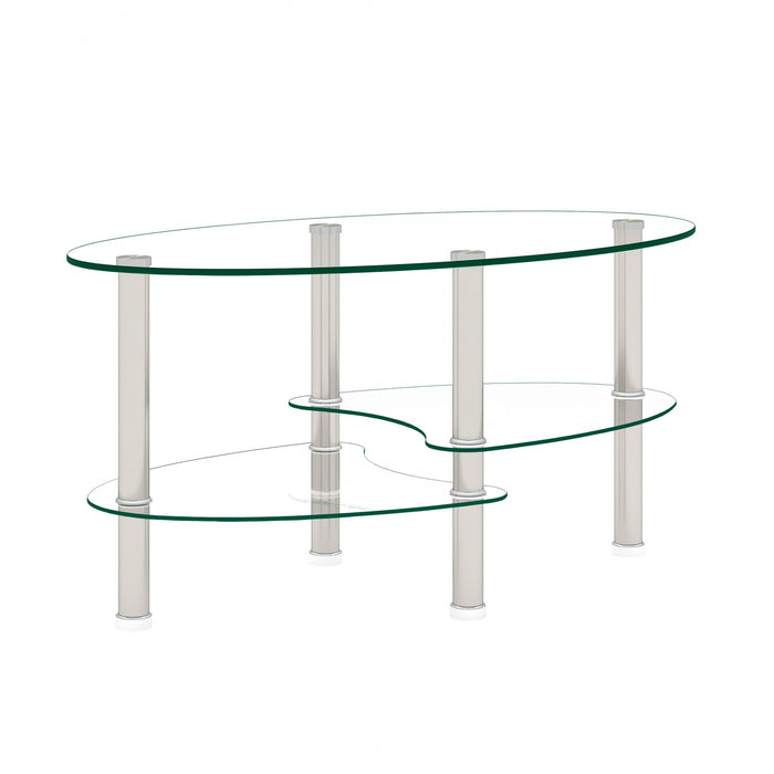 Table basse ovale transparente moderne Sophia en verre avec pieds en acier inoxydable, transparente