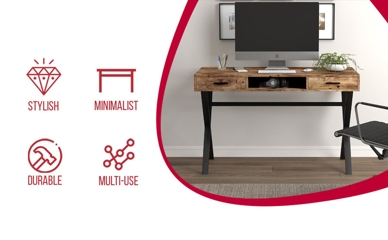 Bureau d’ordinateur de 47 po avec 2 tiroirs et 1 tablette - bois recyclé brun avec métal noir