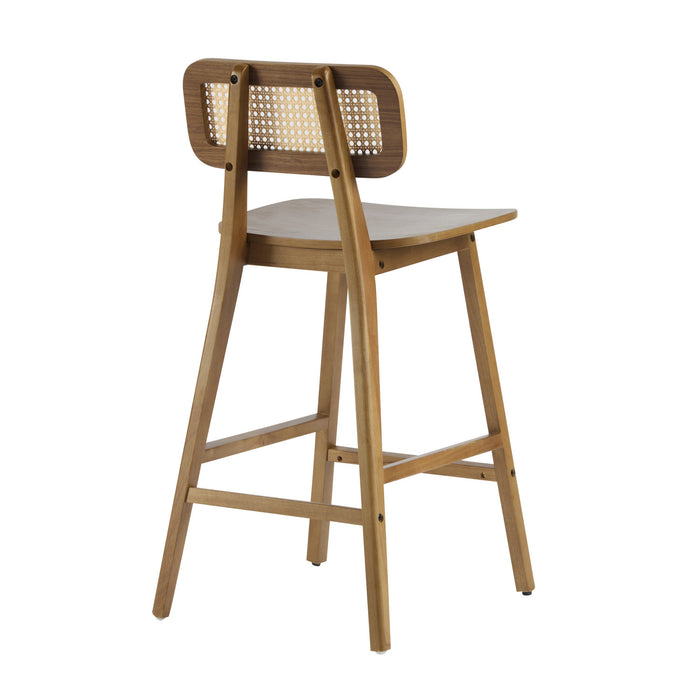 Bari lot de 2 tabourets de comptoir en bois de caoutchouc avec dossier en rotin et repose-pieds, couleur noyer