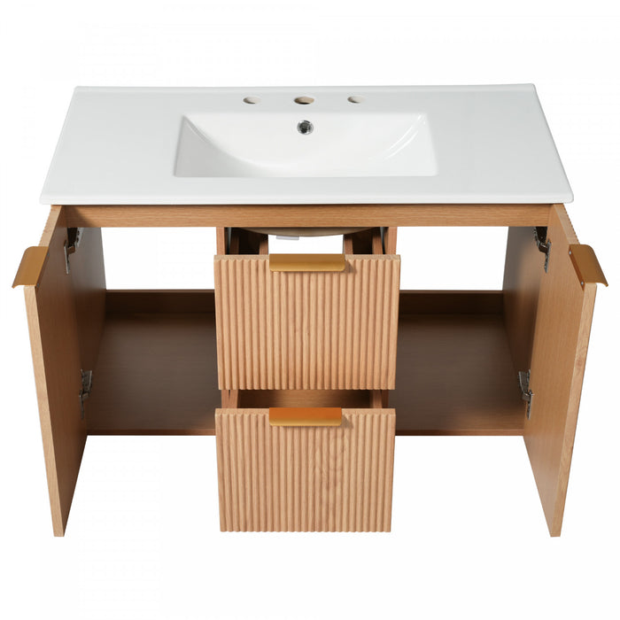 Aiden meuble de salle de bain mural 36 pouces avec rangement a fermeture douce et vasque en ceramique, bois