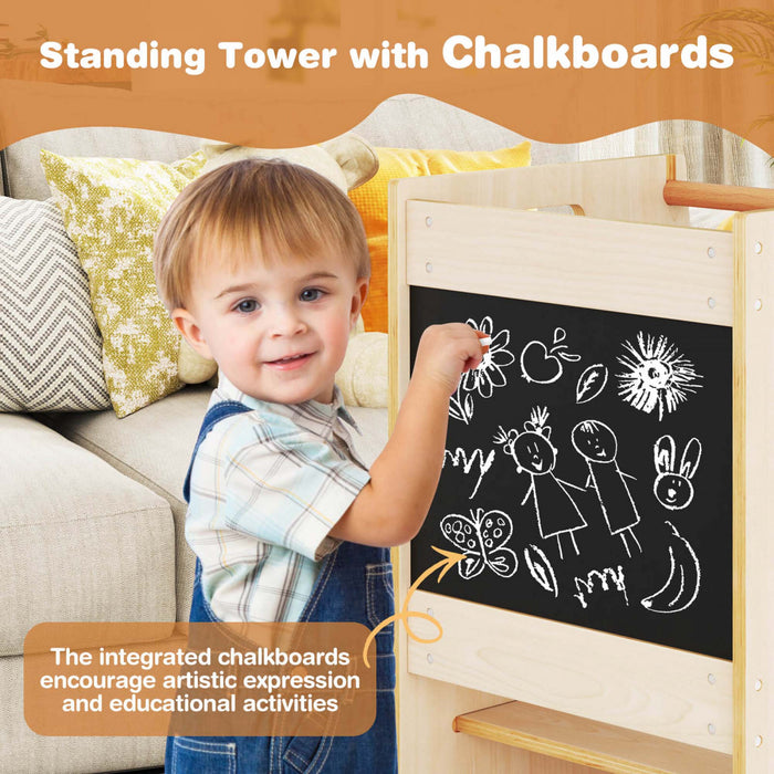 Tabouret D'etape De Cuisine Costway Pour Tout-petit Enfant Avec Tableau A Bois D'activite Reglable En Hauteur Et Rail De Securite Beige