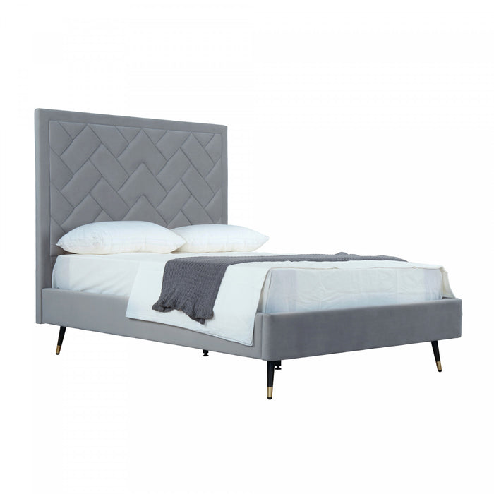 Lit double moderne Crosby en velours gris capitonne