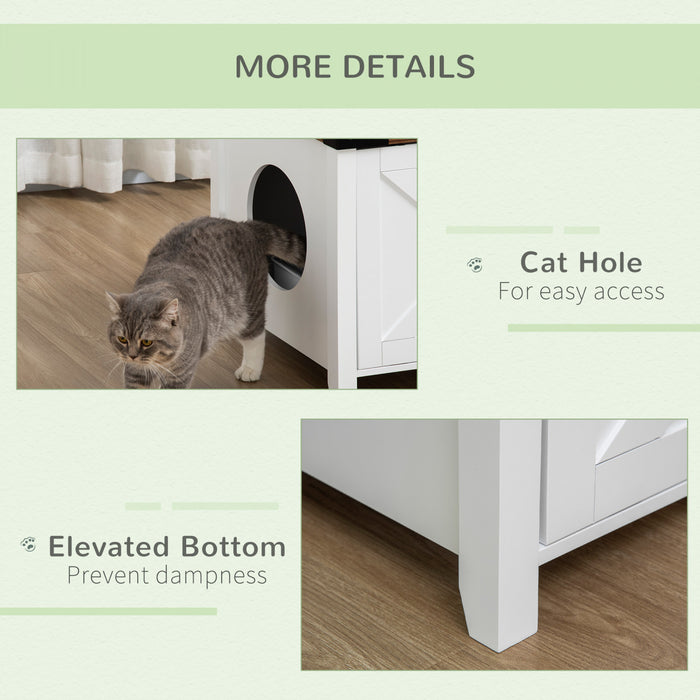 Pawhut Boite A Litiere Pour Chat Avec Porte Coulissante, Banc De Rangement De Toilettes Pour Chat Avec Trou, Table D'extremite Pour Maison D'interieur Pour Chat Avec Structure En Bois Solide, Blanc