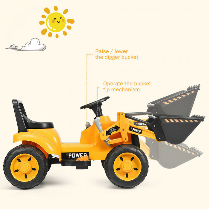 Les Enfants Montent Sur Le Tracteur A Batterie 6v De L'excavatrice W/digging Bucket Jaune
