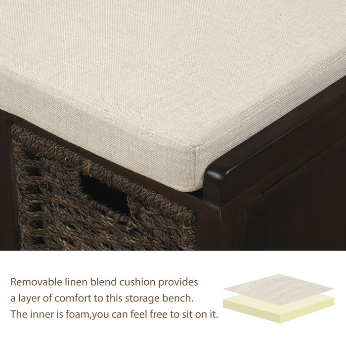 Banc De Rangement Leif En Bois Massif Avec Paniers En Rotin Et Assise Rembourree, Couleur Espresso