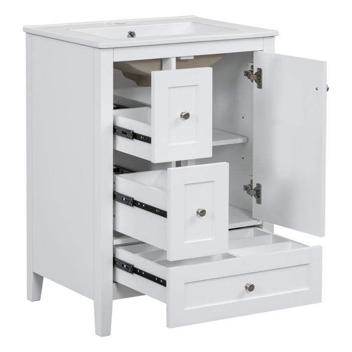 Mia Meuble-lavabo de 24\" avec vasque en ceramique et rangement a plusieurs tiroirs, Blanc
