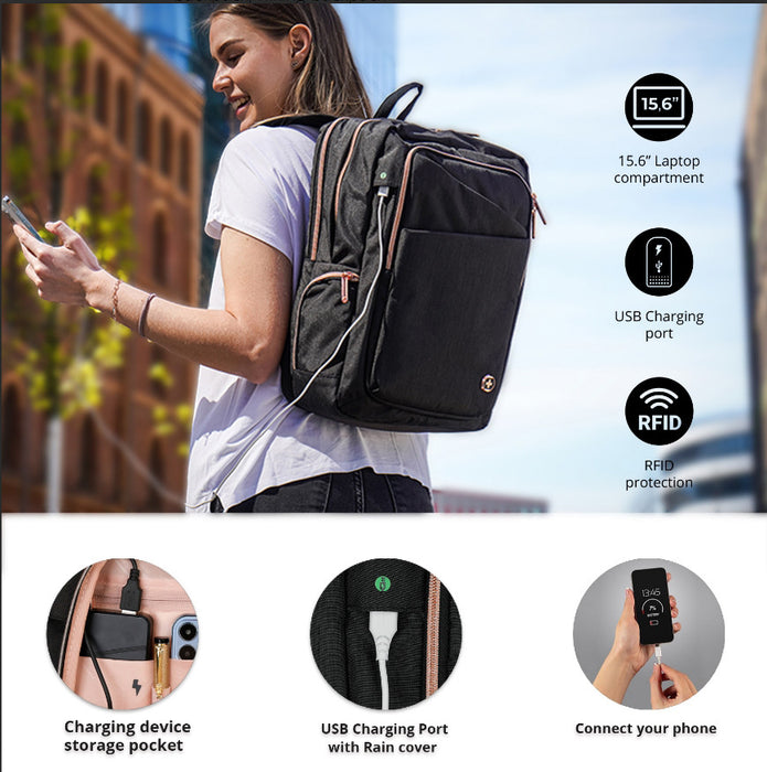 Sac a dos intelligent Swissdigital Design KATY ROSE - Rucksack avec port de chargement integre - Noir