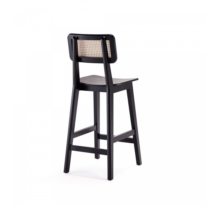 Tabouret de comptoir industriel chic Versailles avec dossier en cannage, bois noir et naturel - Lot de 2