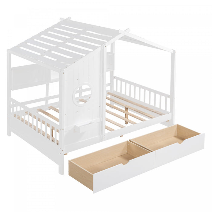 Lit Maison Jeames en Bois avec 2 Tiroirs de Rangement et Etagere, Taille Full - Blanc