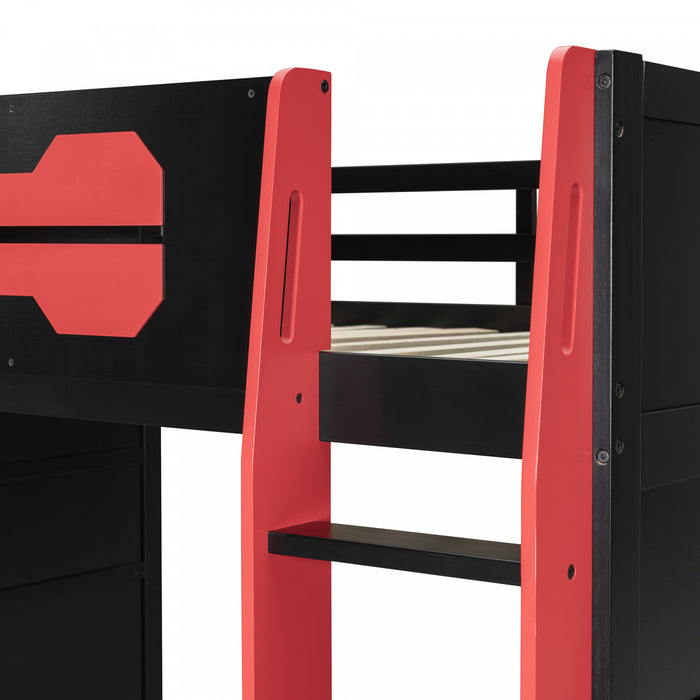 Olivia Lit mezzanine en bois avec bureau et etageres de rangement multiples, Lumiere RGB, Rouge