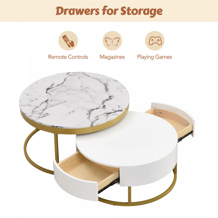 Table Basse Gigogne Moderne Herman De 31,5\" Avec Tiroirs De Rangement, Blanche