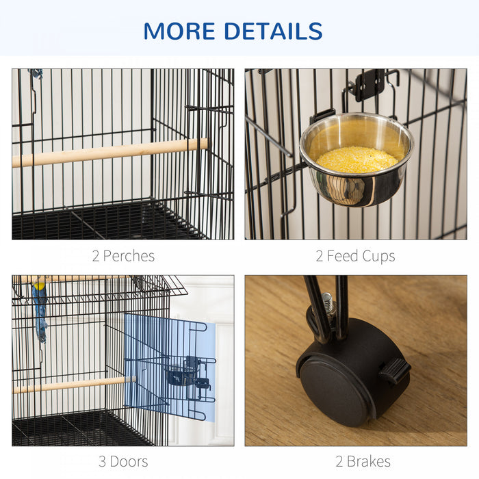 Pawhut 53,9\" Grande Cage A Oiseaux Roulante En Acier Avec Support Roulant Amovible, Etagere De Rangement, Perchoir En Bois, Recipient Alimentaire, Noir