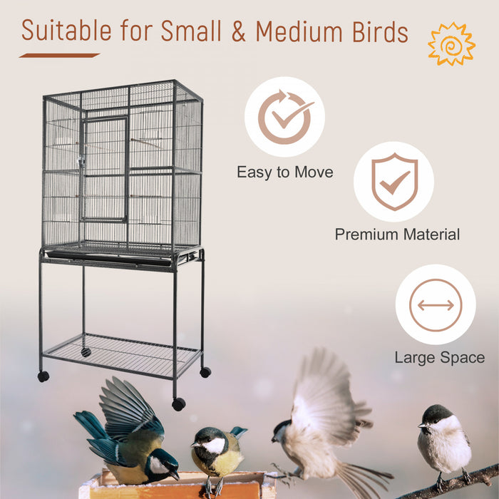 Cage A Oiseaux Portable Avec 4 Mangeoires Et 4 Perchoirs Pratique 81 X 48 X 163 Cm Noir Et Gris