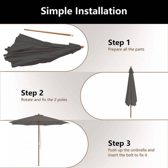 Parasol de marche en bois Costway 10 pieds avec poulie et 8 baleines en bambou, tissu d'ombrage gris