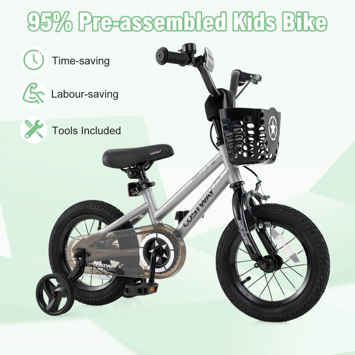 Costway 14\" Velo Pour Enfants Avec Roues D'entrainement Guidon Reglable Et Frein A Main De Siege Argent