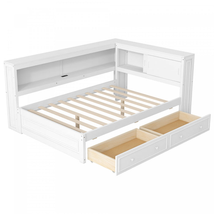 Lit de jour Arthur en bois format Full avec LED, port USB et 2 tiroirs de rangement, blanc