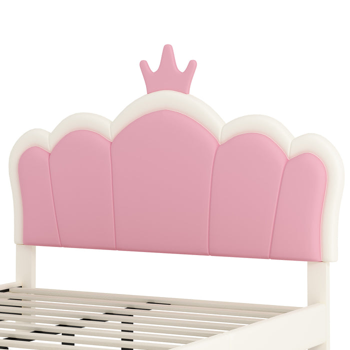 Lit Princesse Judson Tapisse Avec Tete De Lit En Forme De Couronne Et Cadre Plateforme En Pu, Taille Full, Creme