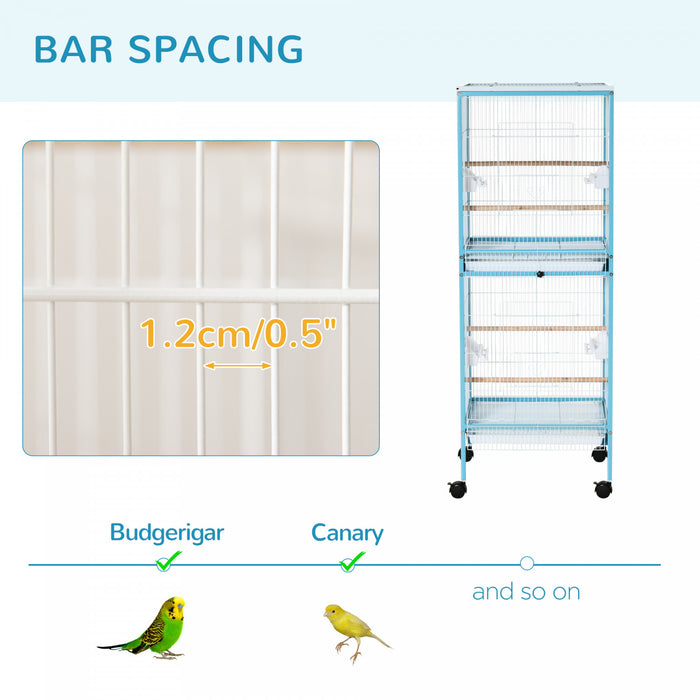 Pawhut 55 Pouces 2 En 1 Cage A Oiseaux Voliere Perruche Maison Pour Pinsons, Perruches Avec Roues, Plateaux Coulissants, Perchoir En Bois, Recipients Alimentaires, Bleu Clair