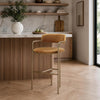 Serene Mid-Century Modern Metal Upholstered Counter Stool in Turmeric | Tabouret de comptoir moderne mi-siecle en metal et tissu, coloris curcuma