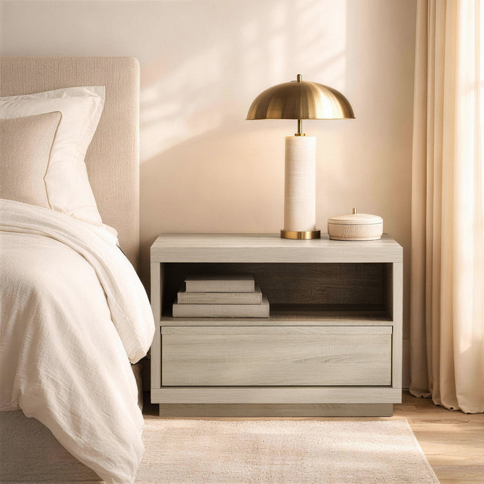 Table de nuit contemporaine Navis 32\" en chene blanchi (1 tiroir)