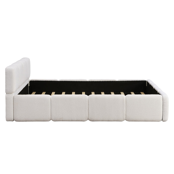 Lit plateforme Aiden avec cadre rembourre de soutien en tissu boucle, taille King, blanc