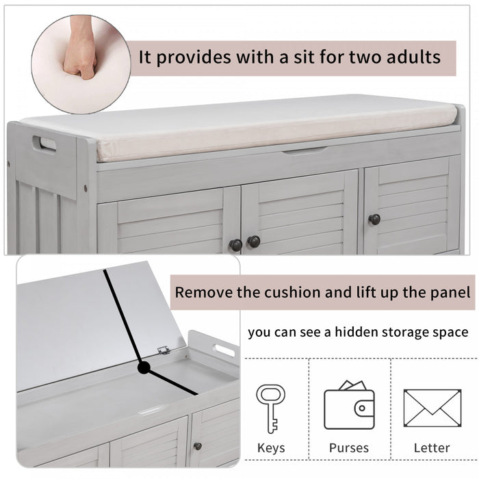 Banc De Rangement Olivia En Pin Avec Meuble A Chaussures 3 Portes Et Compartiment Cache, Gris Patine