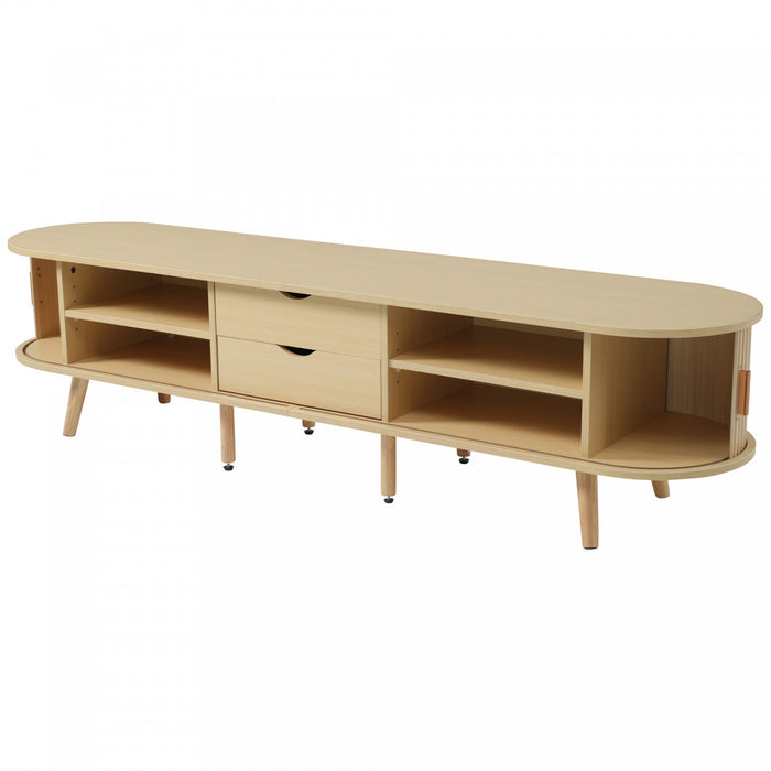 Ethan meuble TV ovale – meuble multimedia avec portes coulissantes et tiroirs, finition naturelle
