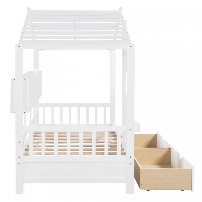 Lit Maison Jeames en Bois avec 2 Tiroirs de Rangement et Etagere, Taille Twin - Blanc