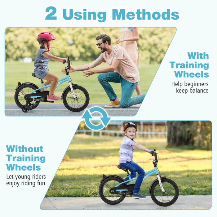 Velo Costway 16\" Pour Enfants Pour Garcons Et Filles De 4 A 7 Ans Avec Reflecteurs De Frein A Main Reglables Bleu